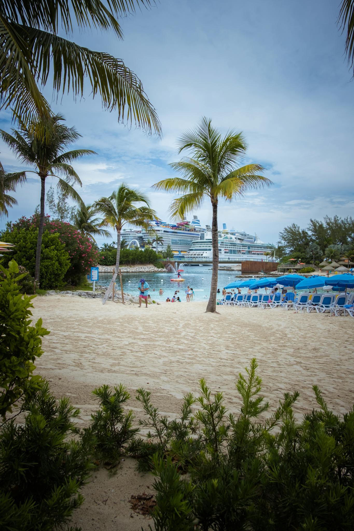 Lush tropical beach scene with palm trees and a cruise ship docked in the Bahamas.