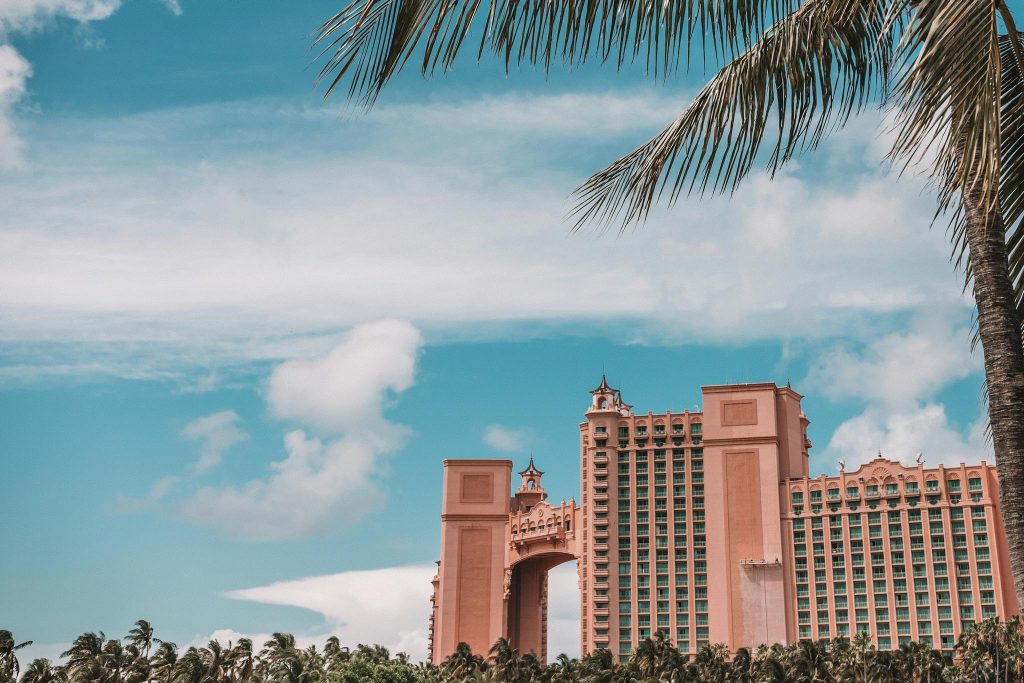 Stunning view of the Atlantis Hotel on Paradise Island with clear blue skies.